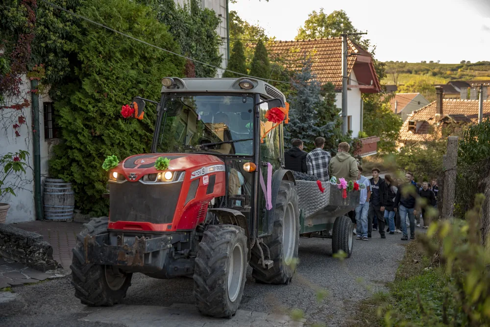 Školní traktor a studenti při práci v areálu vinařské školy